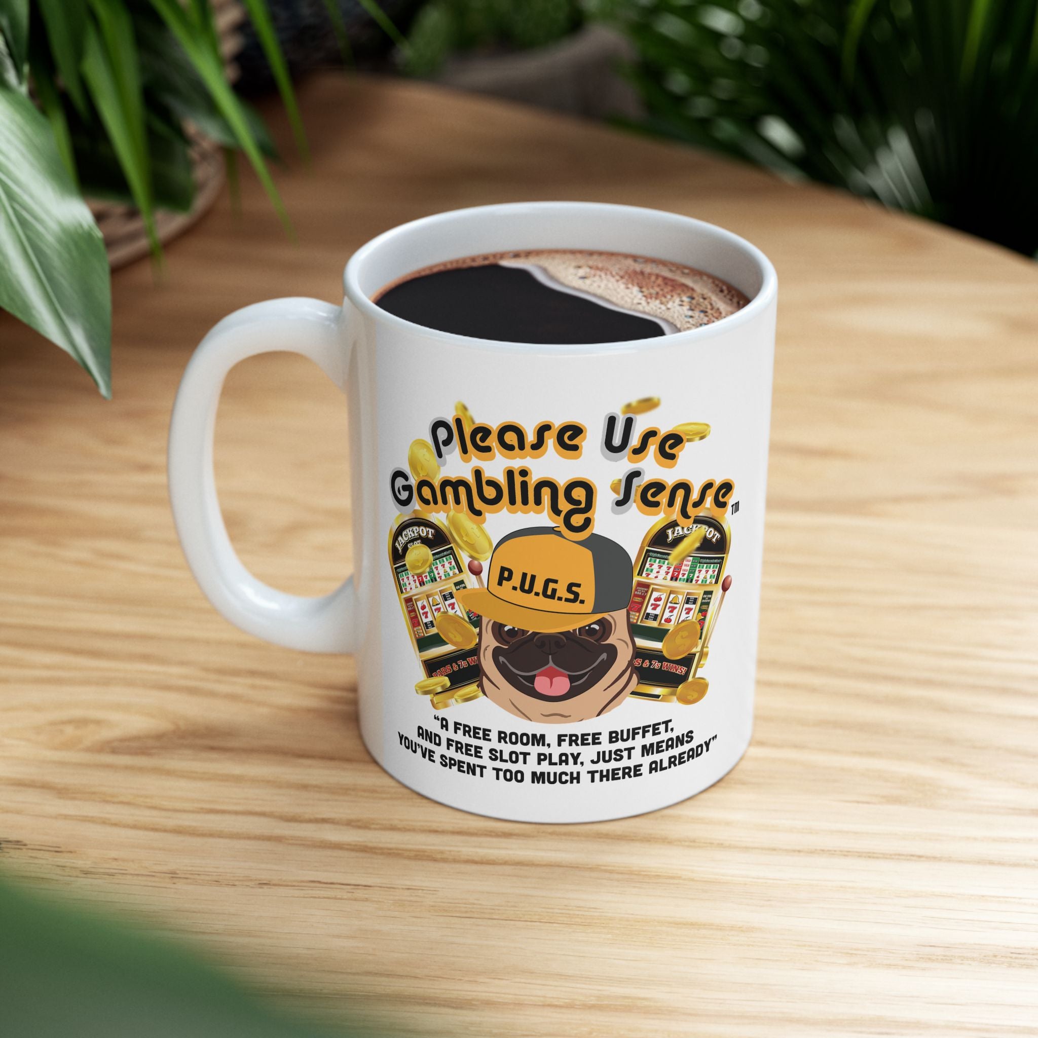 Slot Machine "Free Play" White Ceramic Mug Coffee Cup (11oz/15oz)