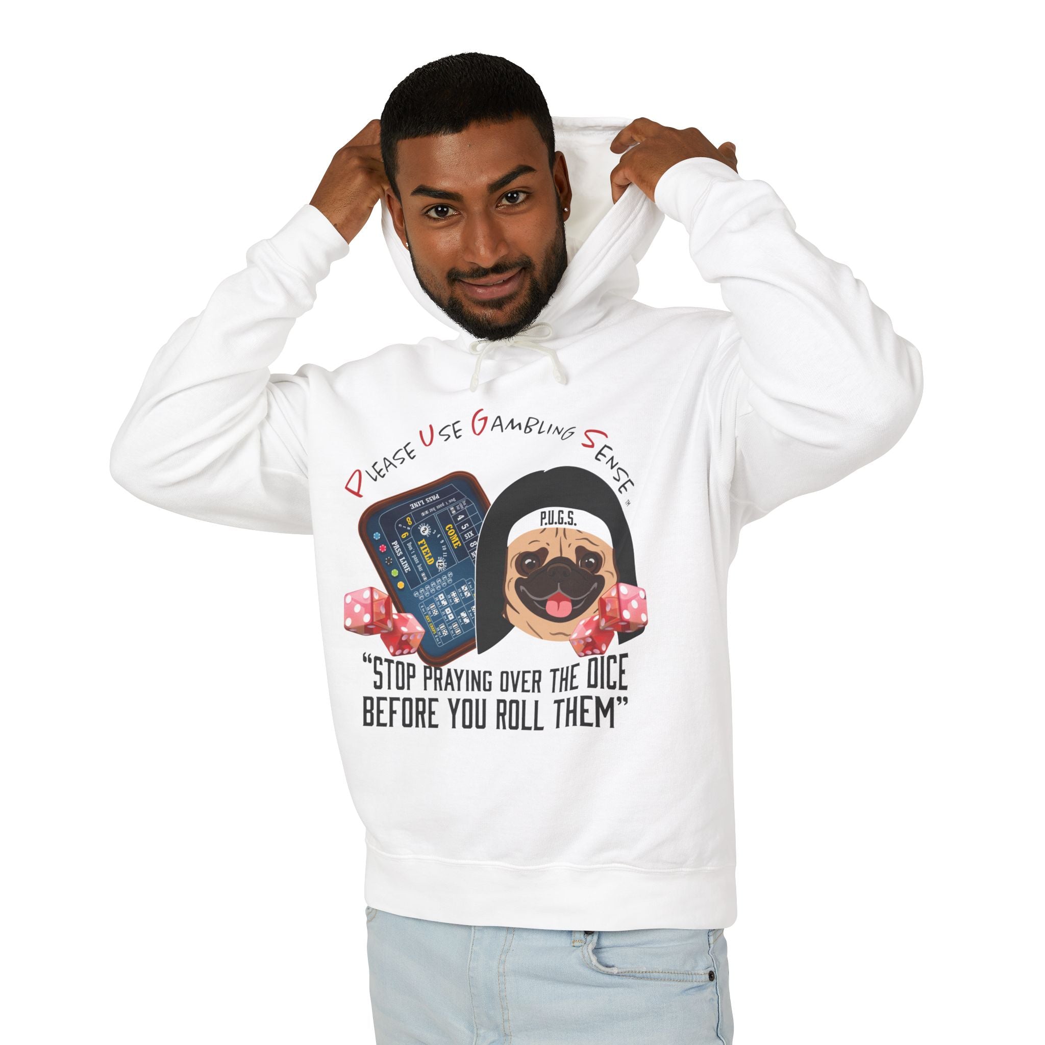 Craps Dice Pug Hoodie by P.U.G.S. Apparel: Light  colors