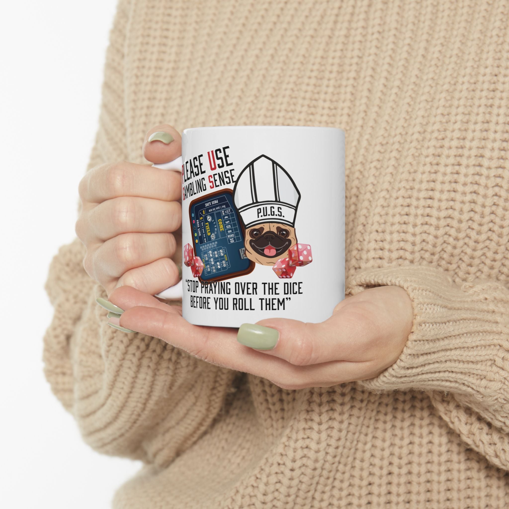 Craps "Praying" White Ceramic Mug — Funny Gambling Humor Coffee Cup (11oz/15oz)
