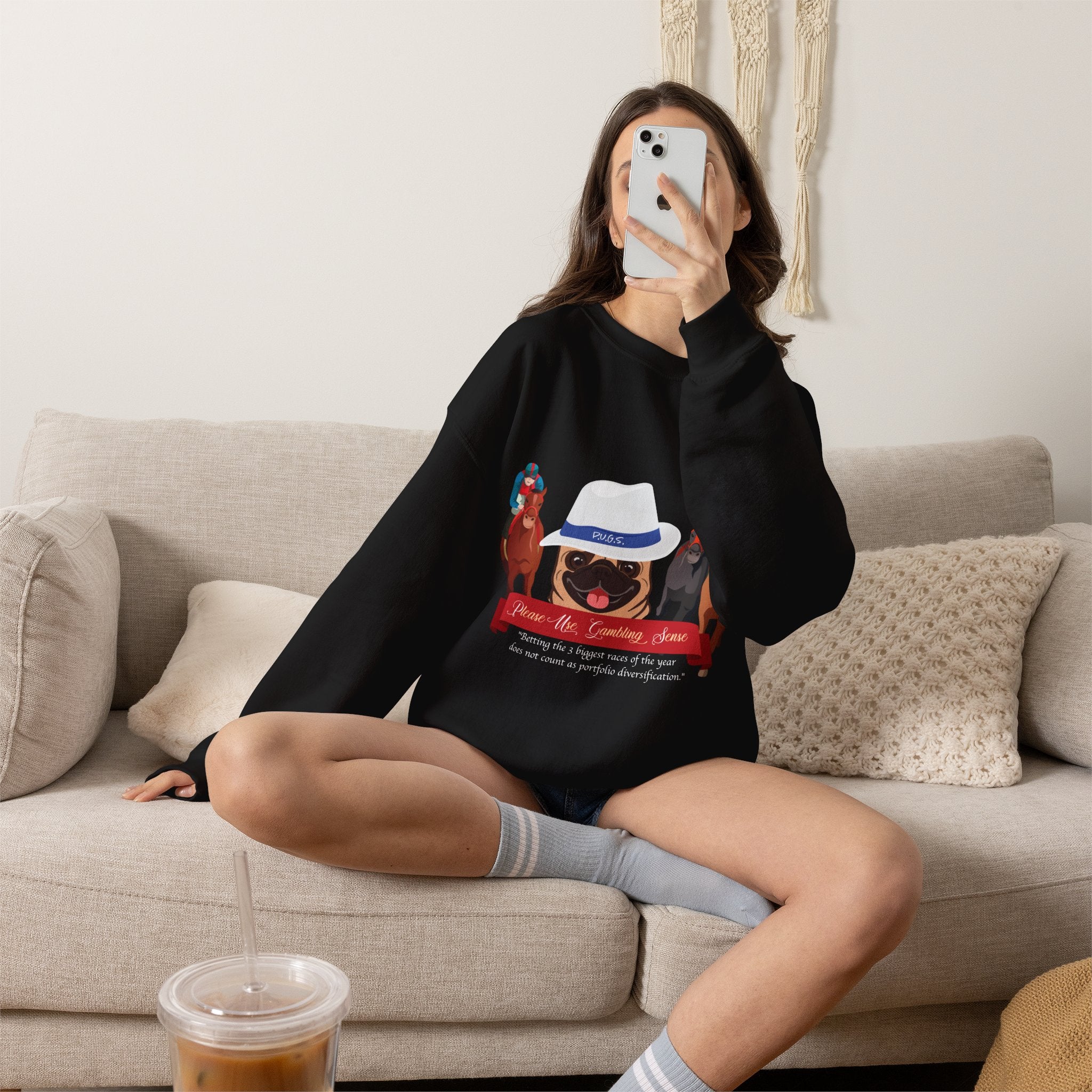 Horse Racing Fedora Unisex Crew Neck Sweatshirt by P.U.G.S.Apparel Dark colors