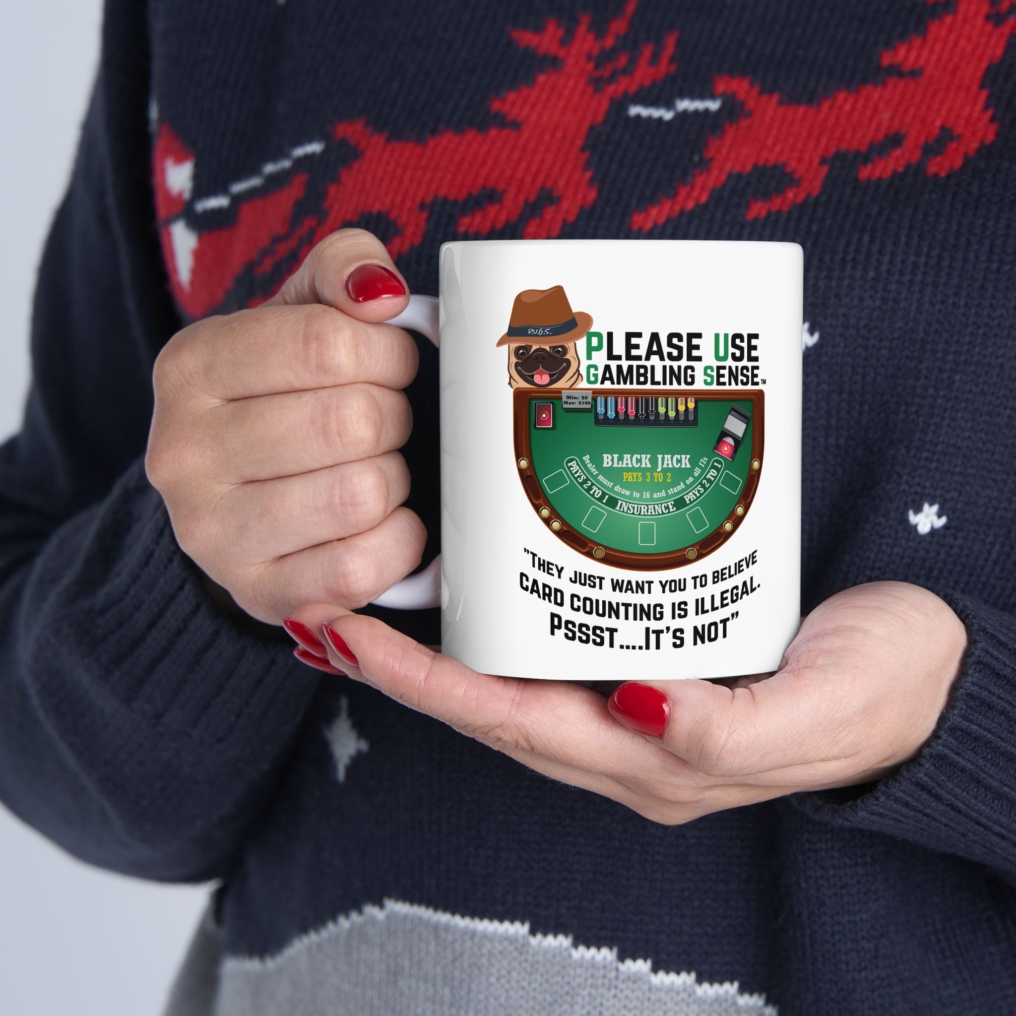 Blackjack "Counting" White Ceramic Mug — Funny Gambling Humor Coffee Cup (11oz/15oz)