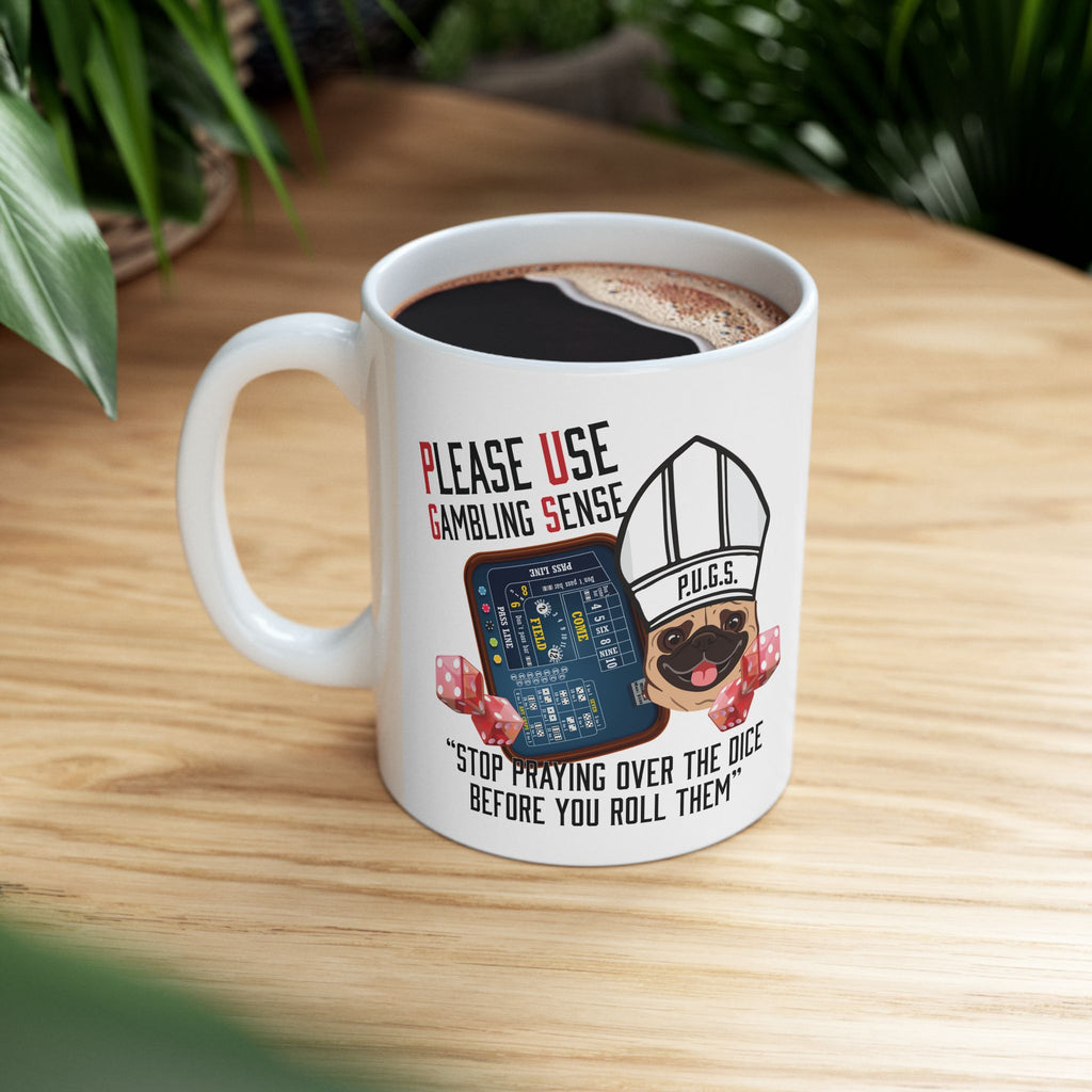 Craps "Praying" White Ceramic Mug — Funny Gambling Humor Coffee Cup (11oz/15oz)