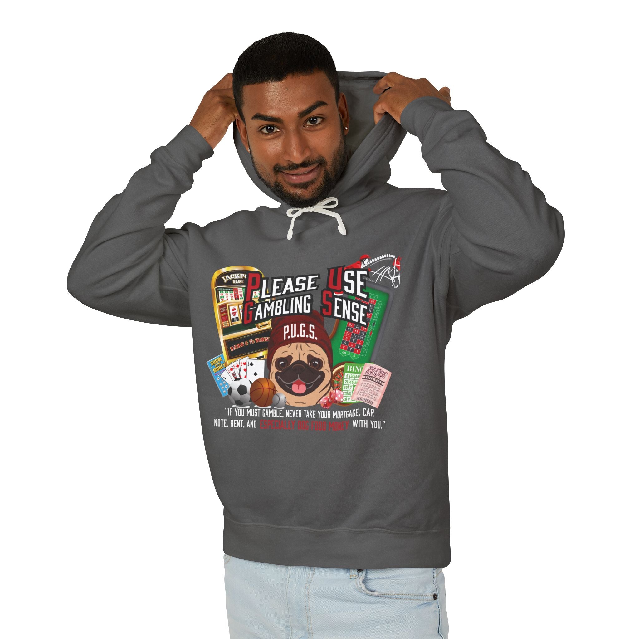 All Gambling Pug Hoodie by P.U.G.S. Apparel: Dark colors