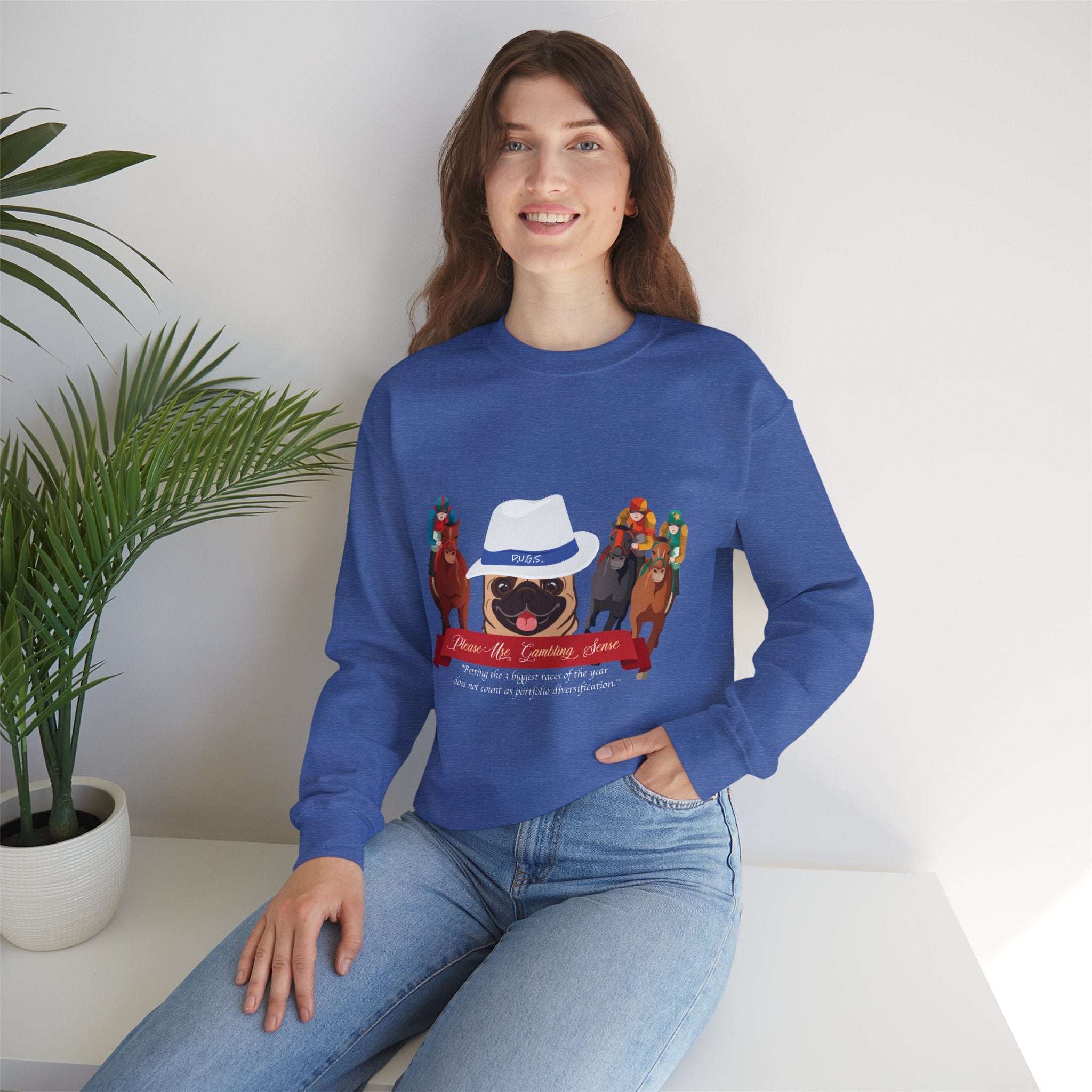 Horse Racing Fedora Unisex Crew Neck Sweatshirt by P.U.G.S.Apparel Dark colors