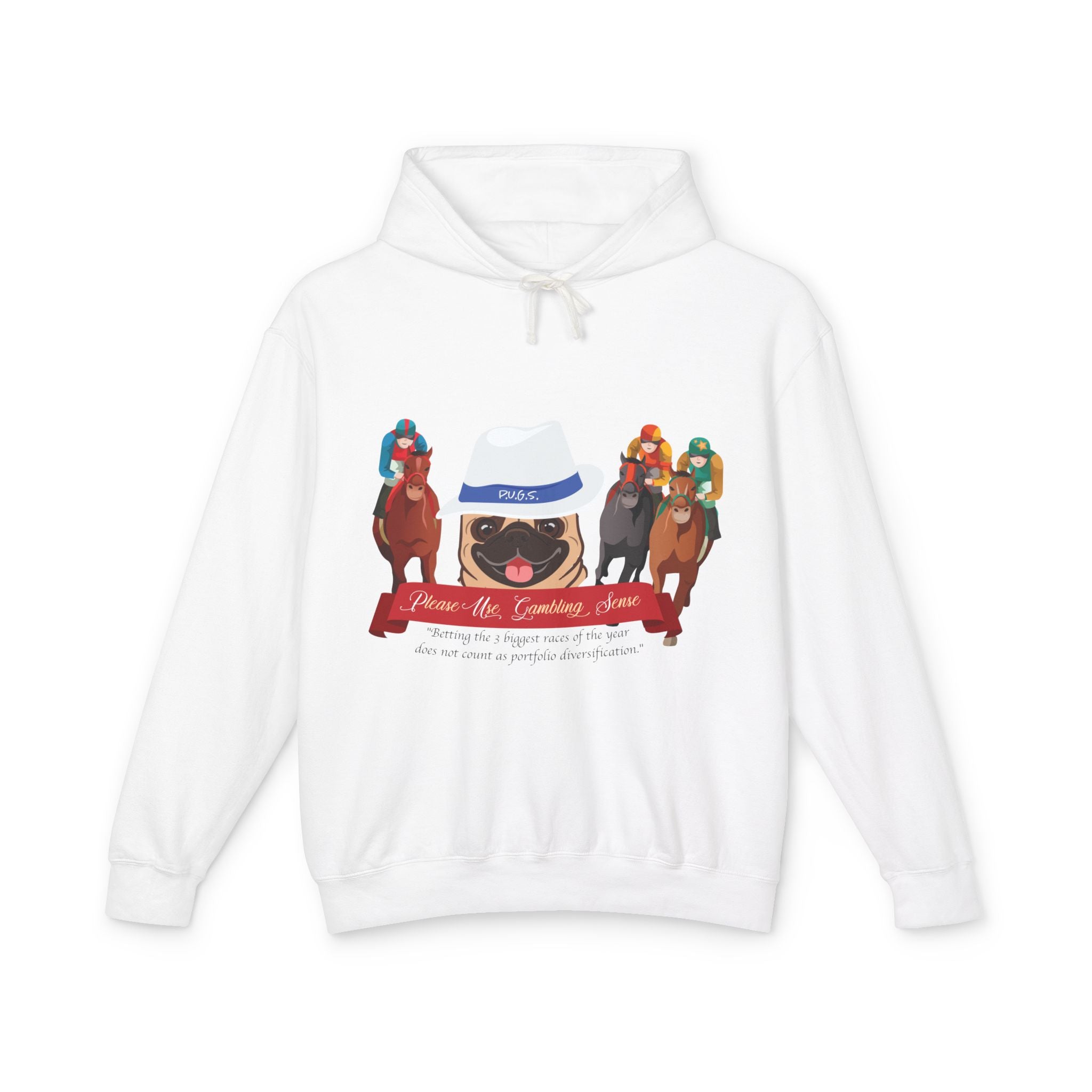 Horse Racing "Fedora" Pug Hoodie by P.U.G.S. Apparel: Light Colors