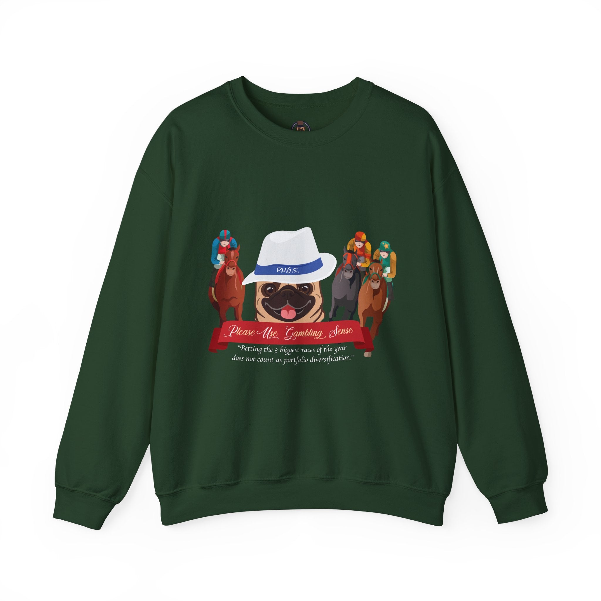 Horse Racing Fedora Unisex Crew Neck Sweatshirt by P.U.G.S.Apparel Dark colors