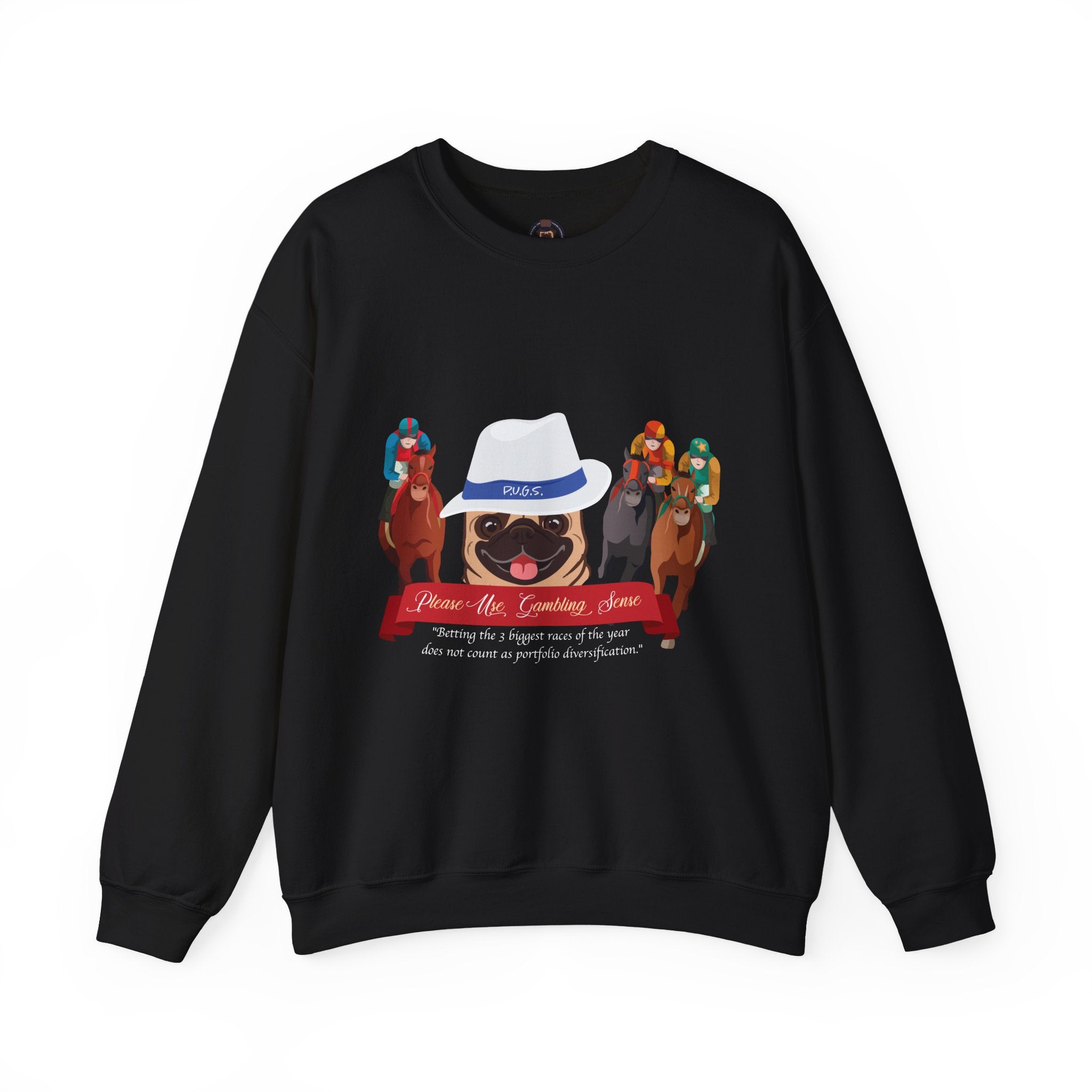 Horse Racing Fedora Unisex Crew Neck Sweatshirt by P.U.G.S.Apparel Dark colors