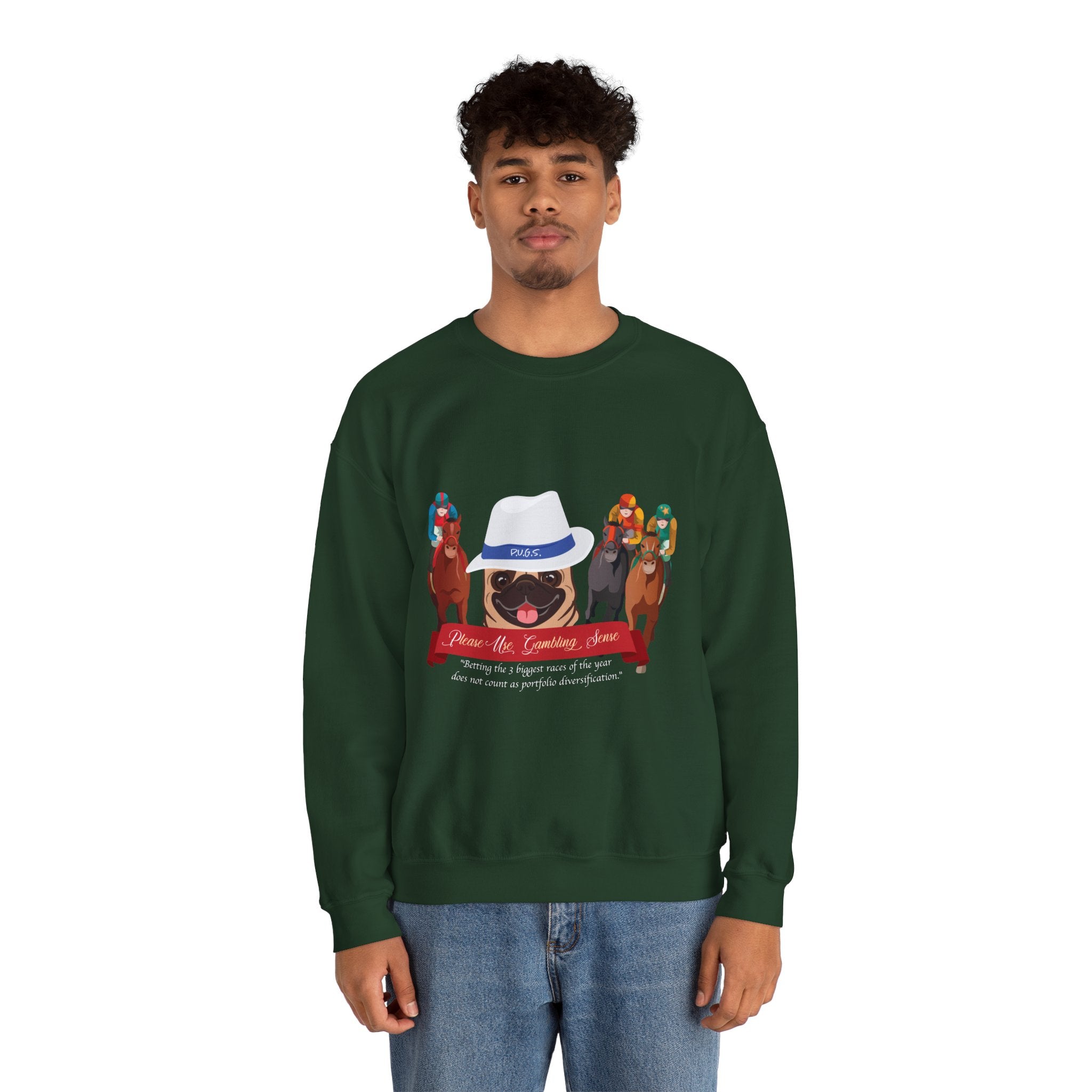 Horse Racing Fedora Unisex Crew Neck Sweatshirt by P.U.G.S.Apparel Dark colors