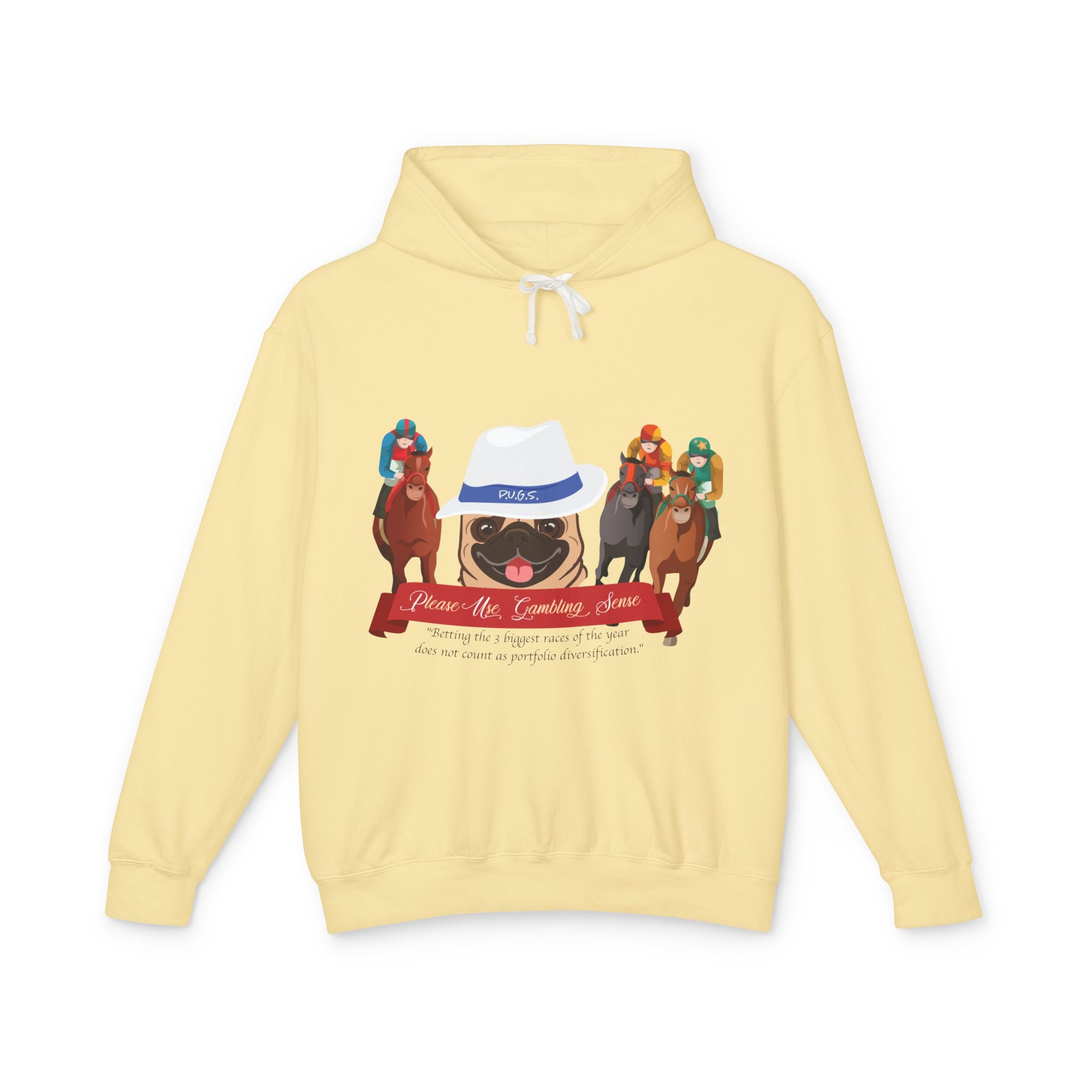 Horse Racing "Fedora" Pug Hoodie by P.U.G.S. Apparel: Light Colors