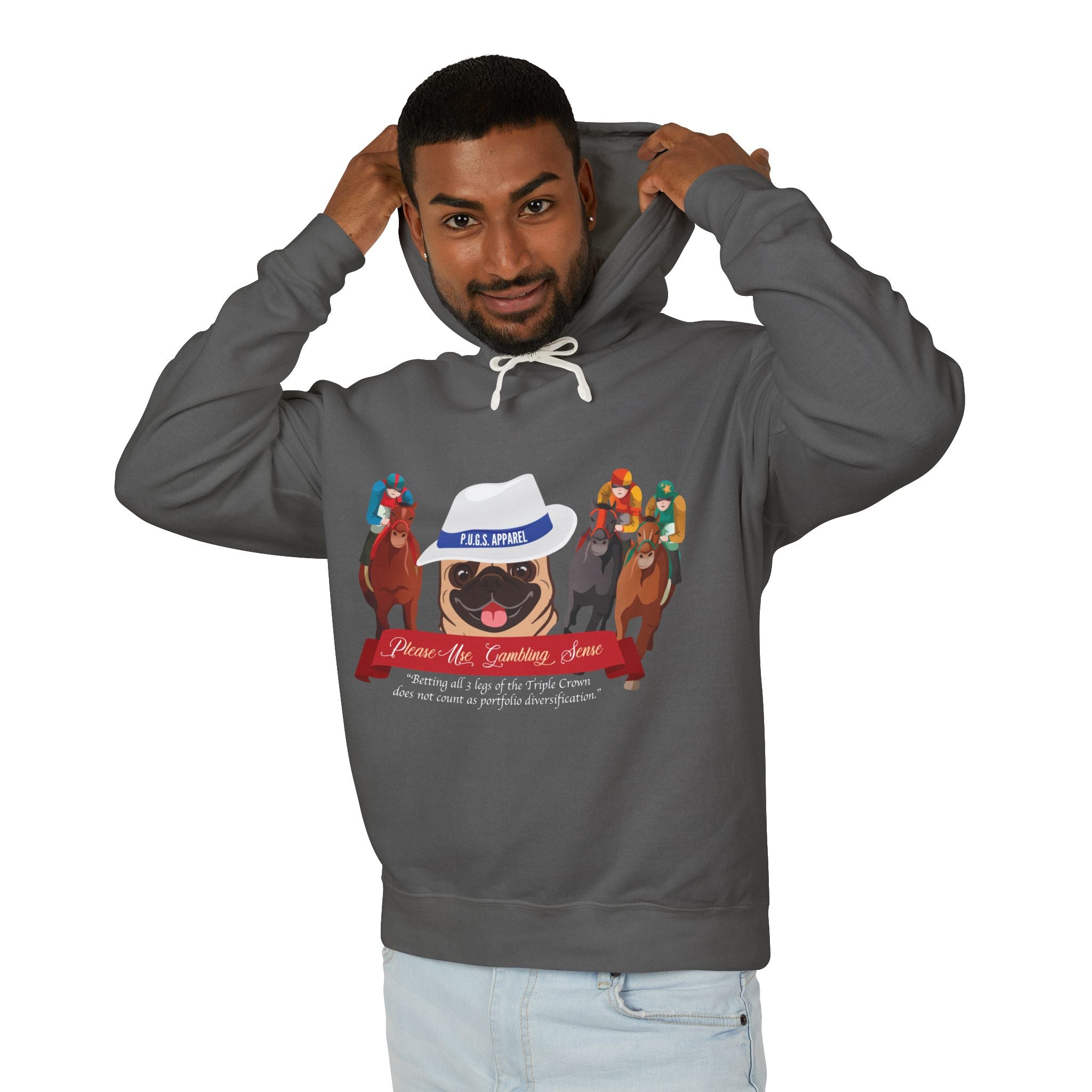 Funny horse racing graphic hoodie by P.U.G.s. Apparel