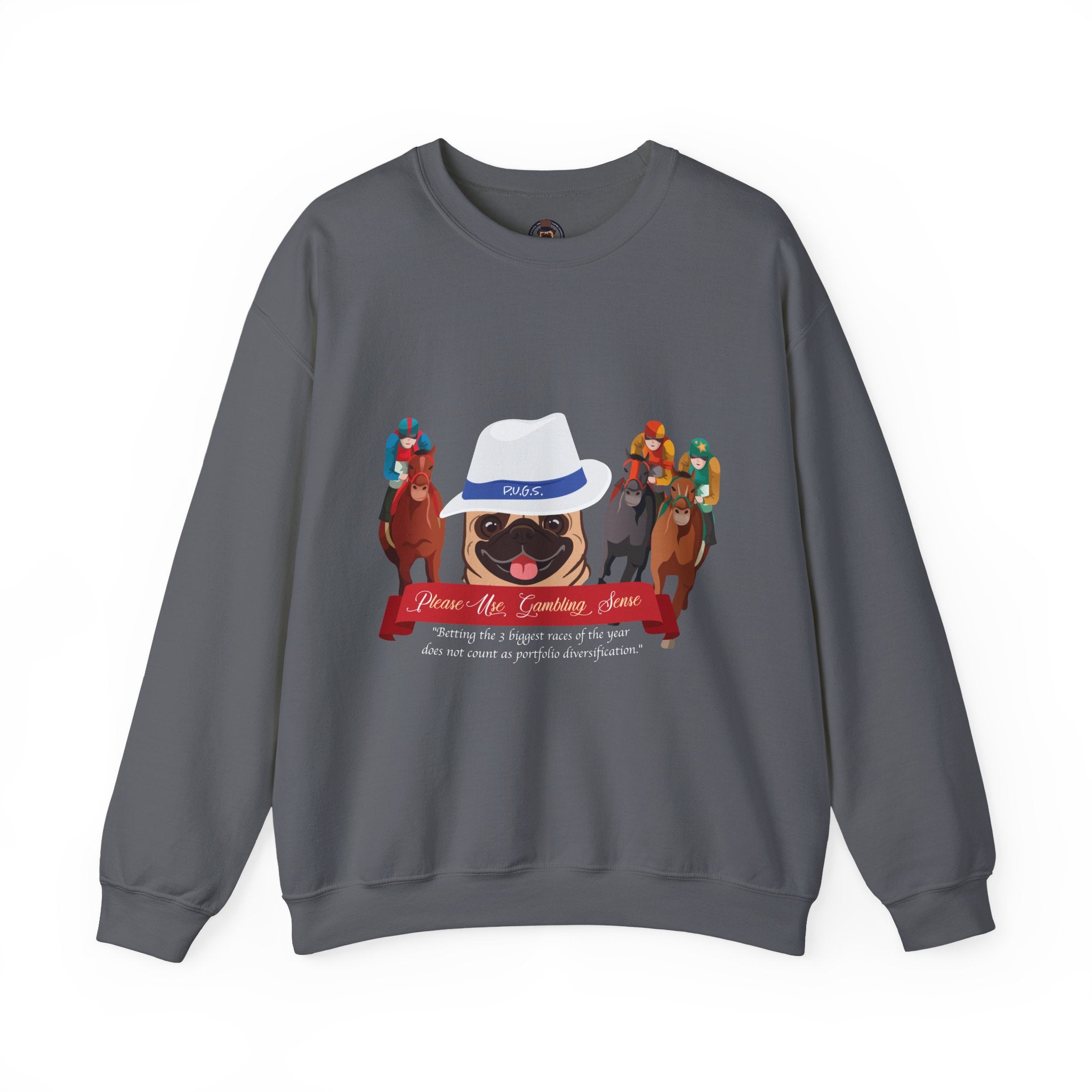Horse Racing Fedora Unisex Crew Neck Sweatshirt by P.U.G.S.Apparel Dark colors