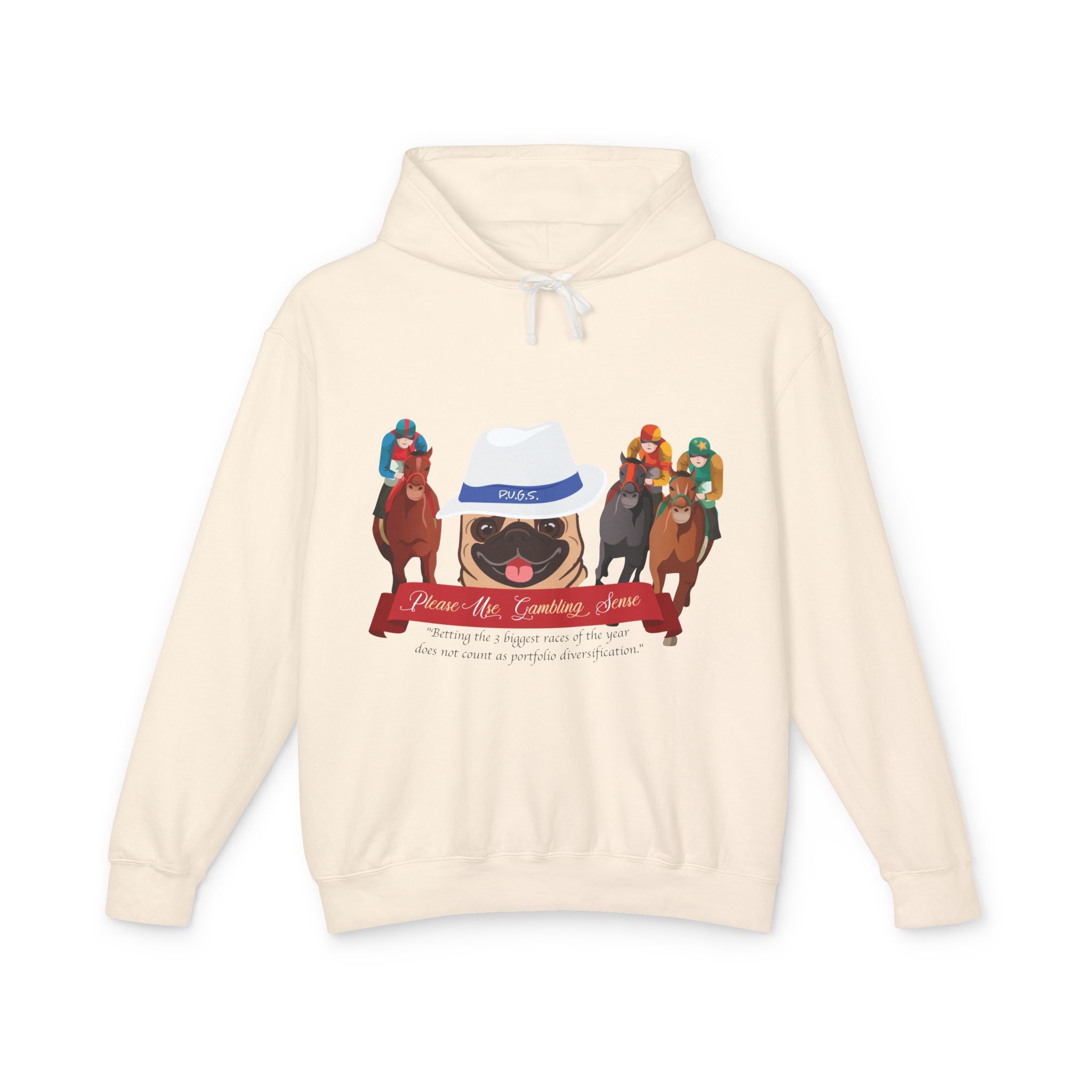 Horse Racing "Fedora" Pug Hoodie by P.U.G.S. Apparel: Light Colors