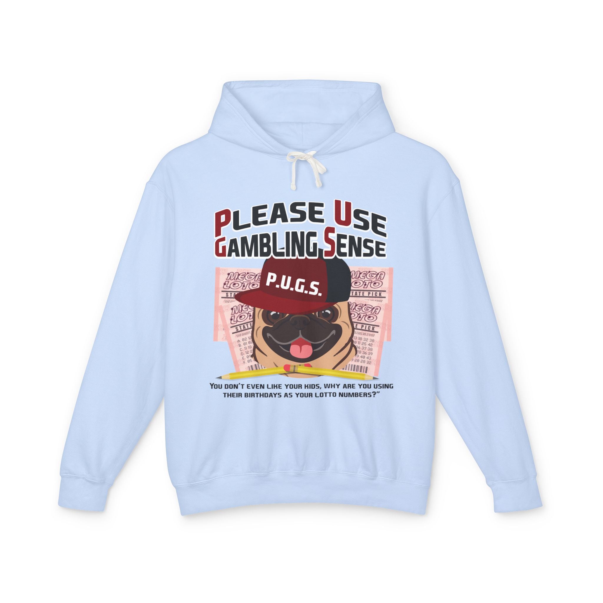 Lottery Pug "Birthdays" Hoodie by P.U.G.S. Apparel: Light colors
