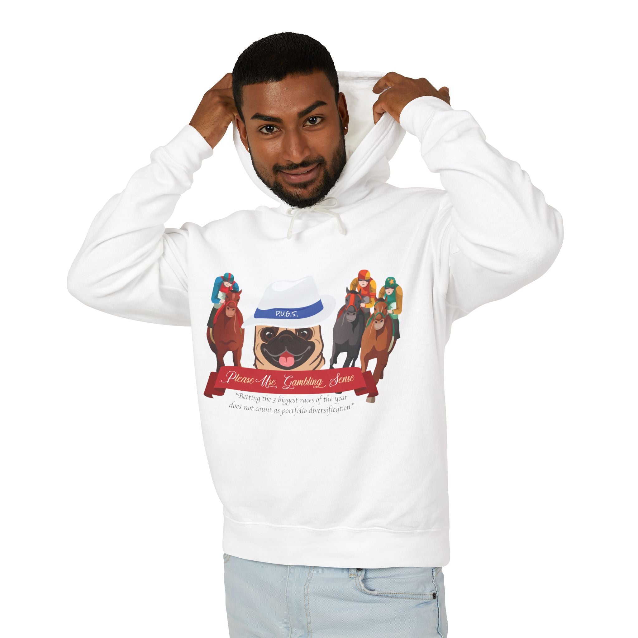 Horse Racing "Fedora" Pug Hoodie by P.U.G.S. Apparel: Light Colors