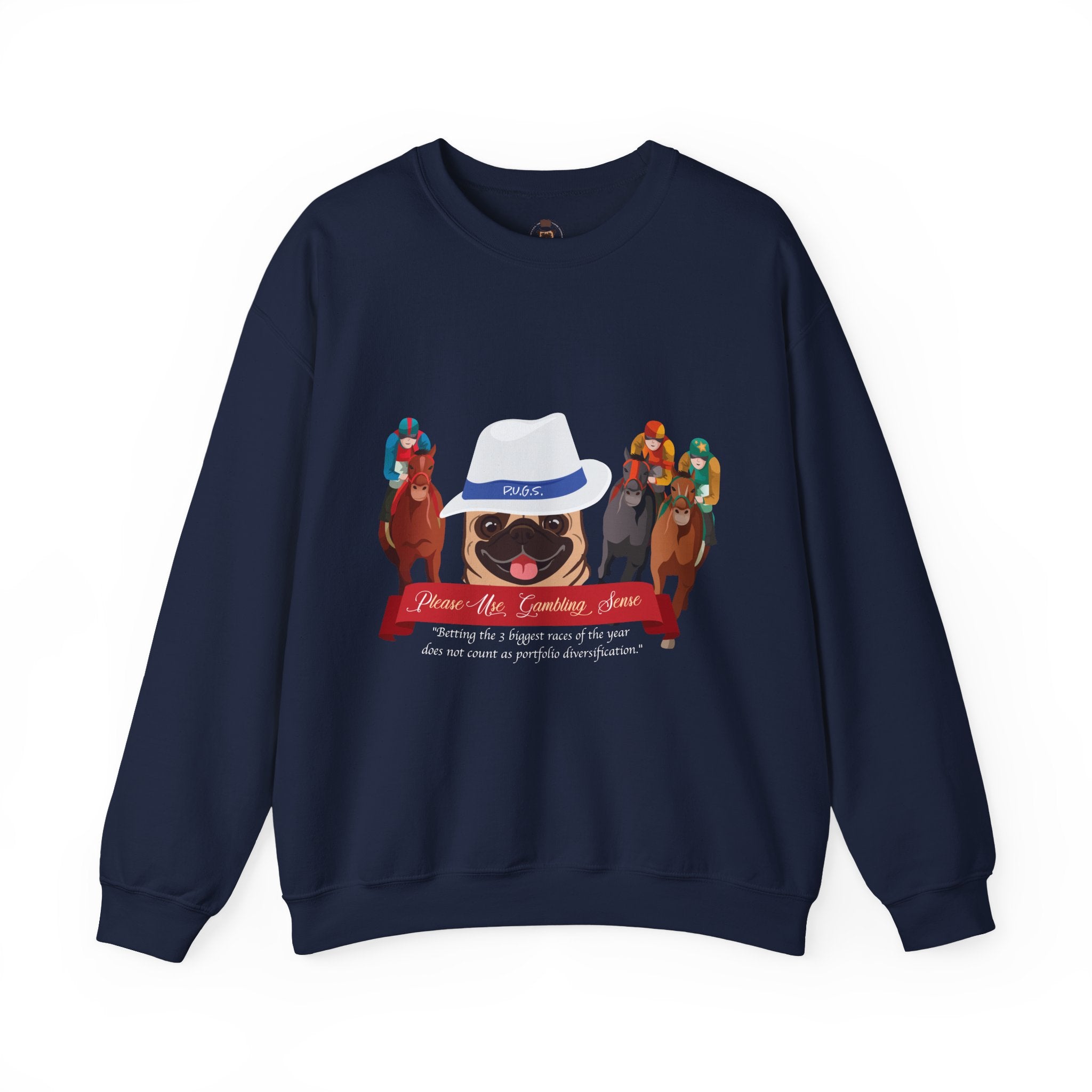 Horse Racing Fedora Unisex Crew Neck Sweatshirt by P.U.G.S.Apparel Dark colors