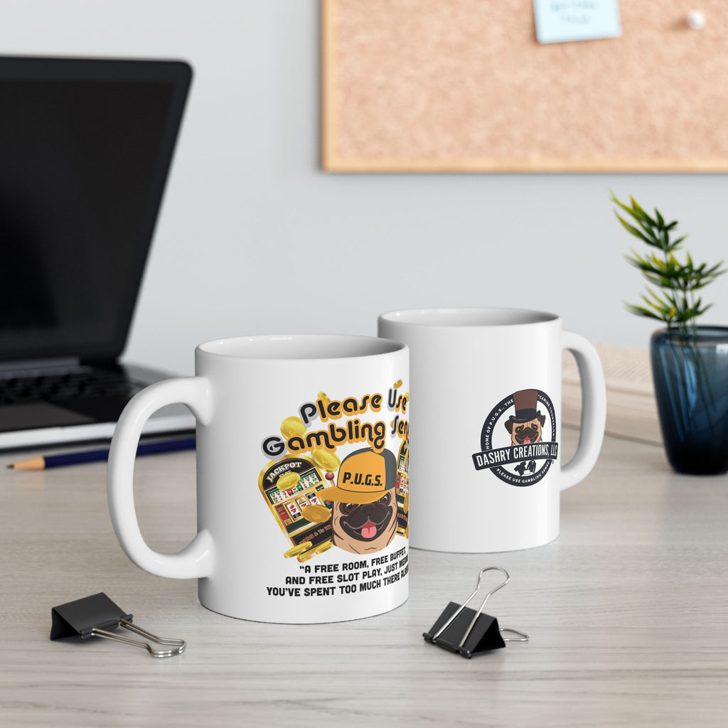 Slot Machine "Free Play" White Ceramic Mug Coffee Cup (11oz/15oz)
