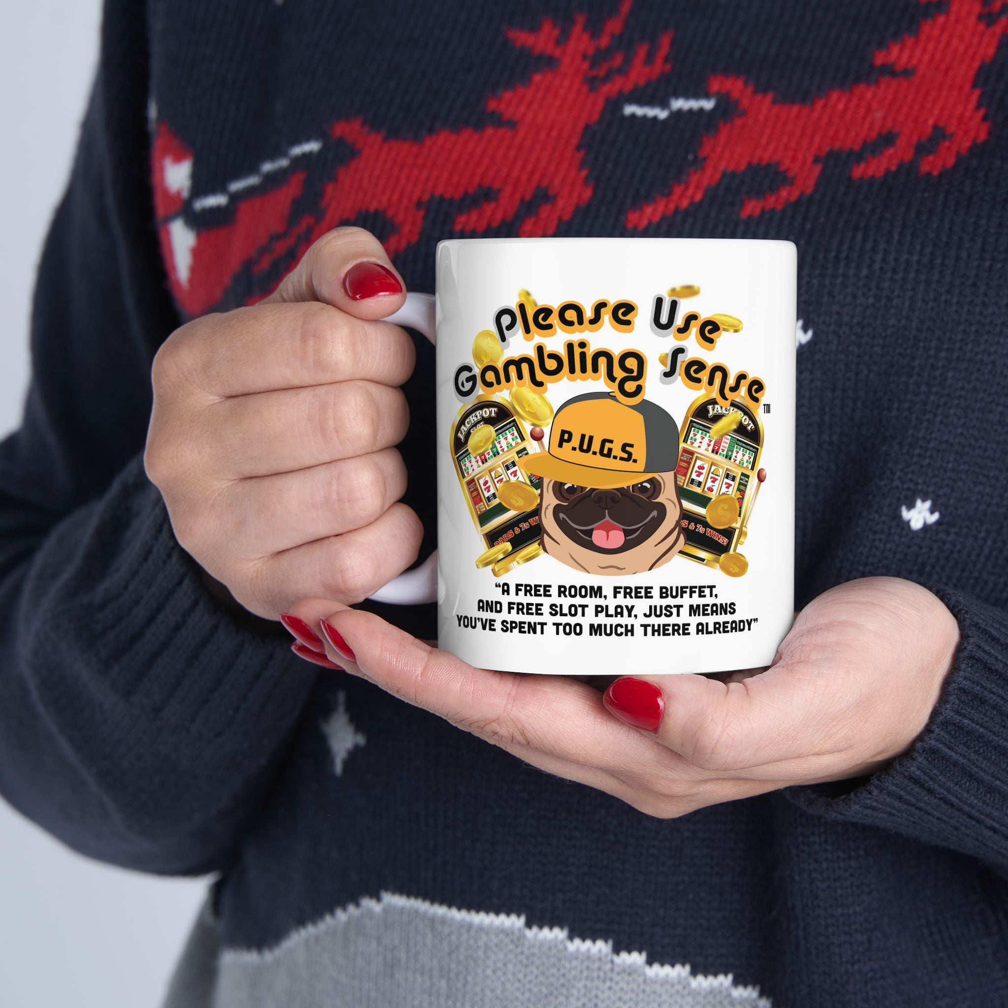 Slot Machine "Free Play" White Ceramic Mug Coffee Cup (11oz/15oz)