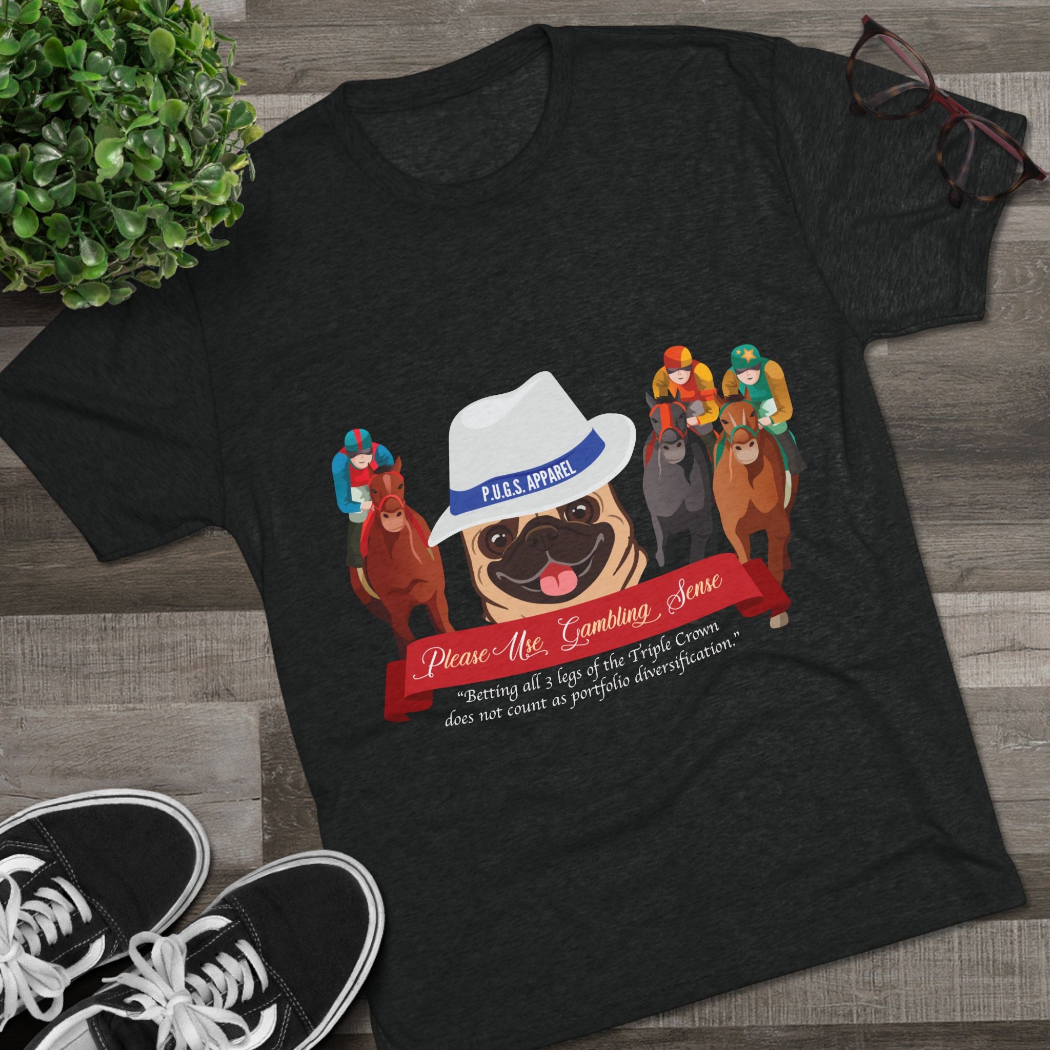 Horse Racing “Fedora” Unisex Graphic Tee by P.U.G.S. Apparel, Dark Colors