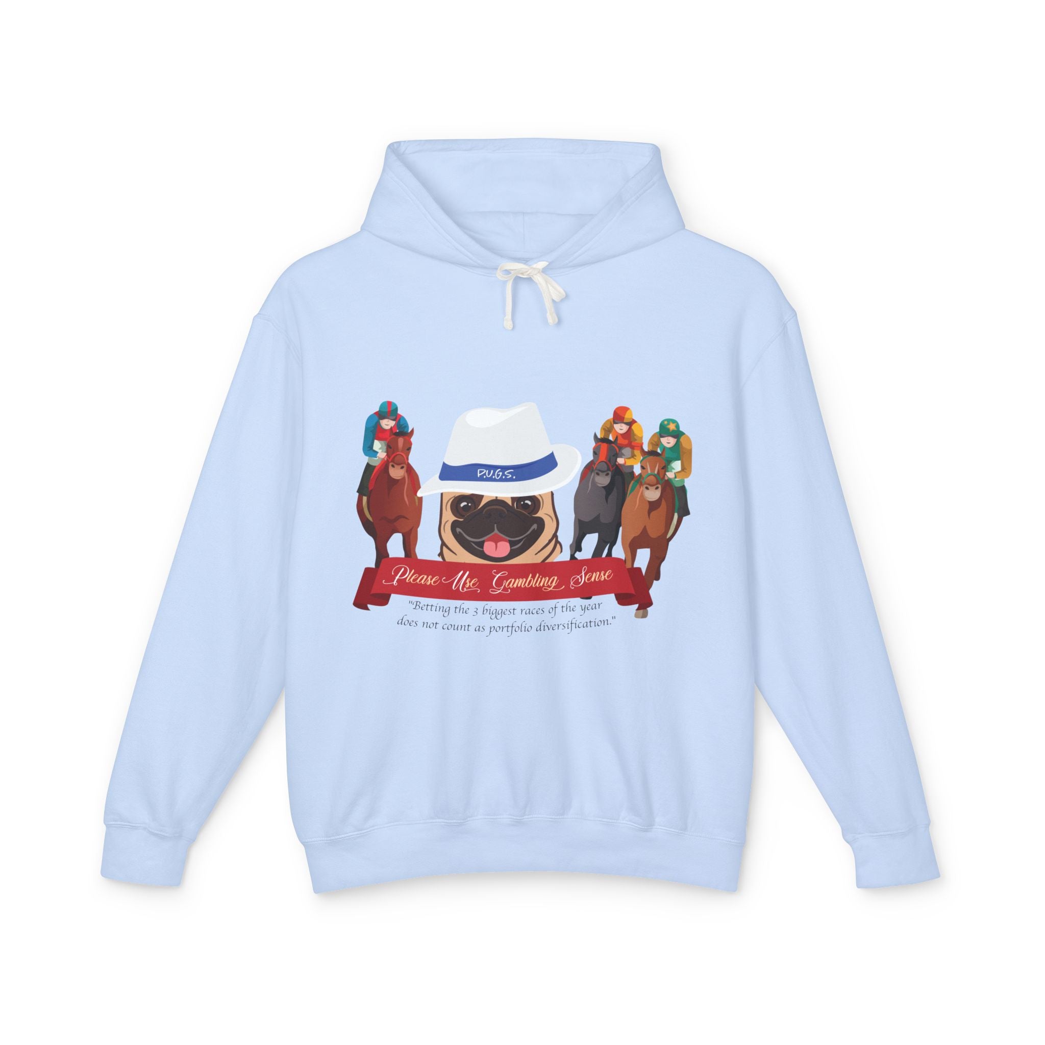 Horse Racing "Fedora" Pug Hoodie by P.U.G.S. Apparel: Light Colors