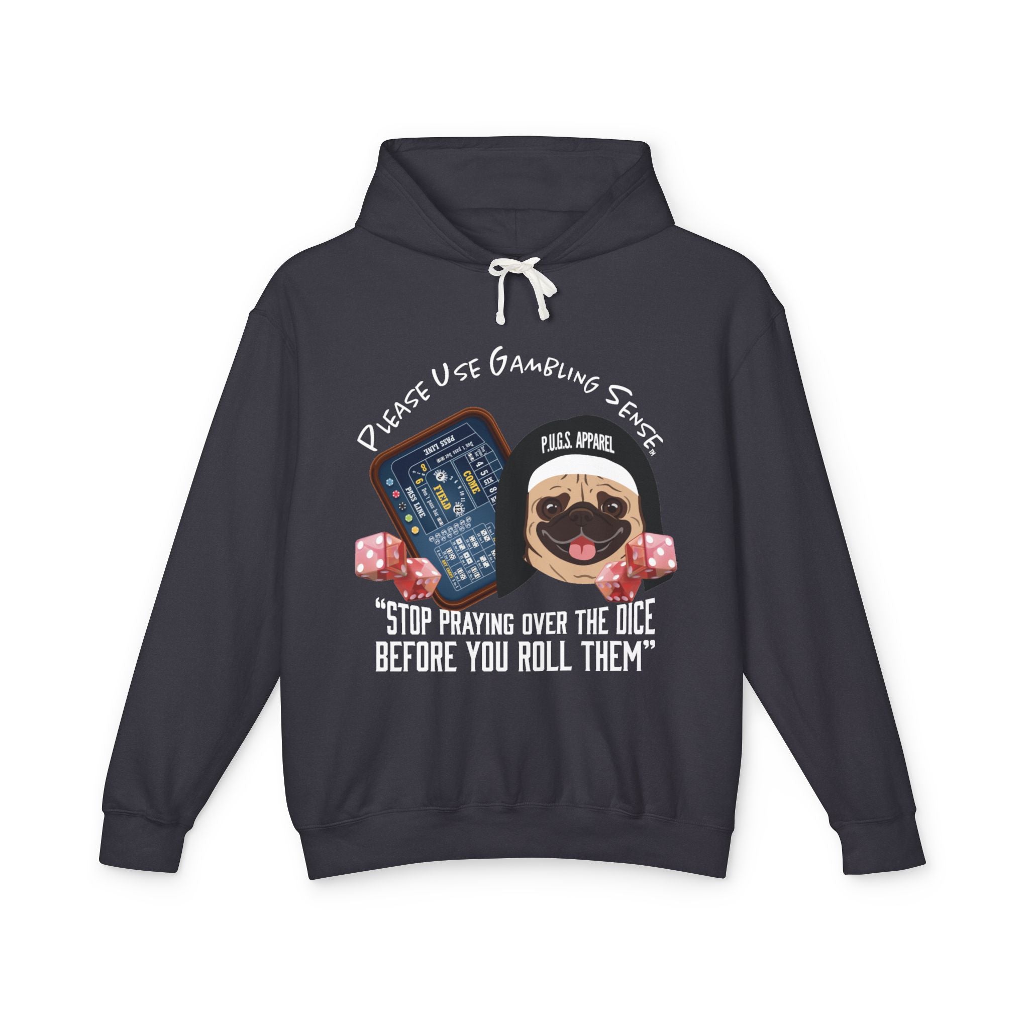 Craps Dice Pug Hoodie by P.U.G.S. Apparel: Dark colors