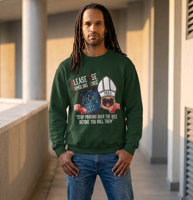 Funny graphic sweatshirt, Craps Praying Collection by P.U.G.S. Apparel