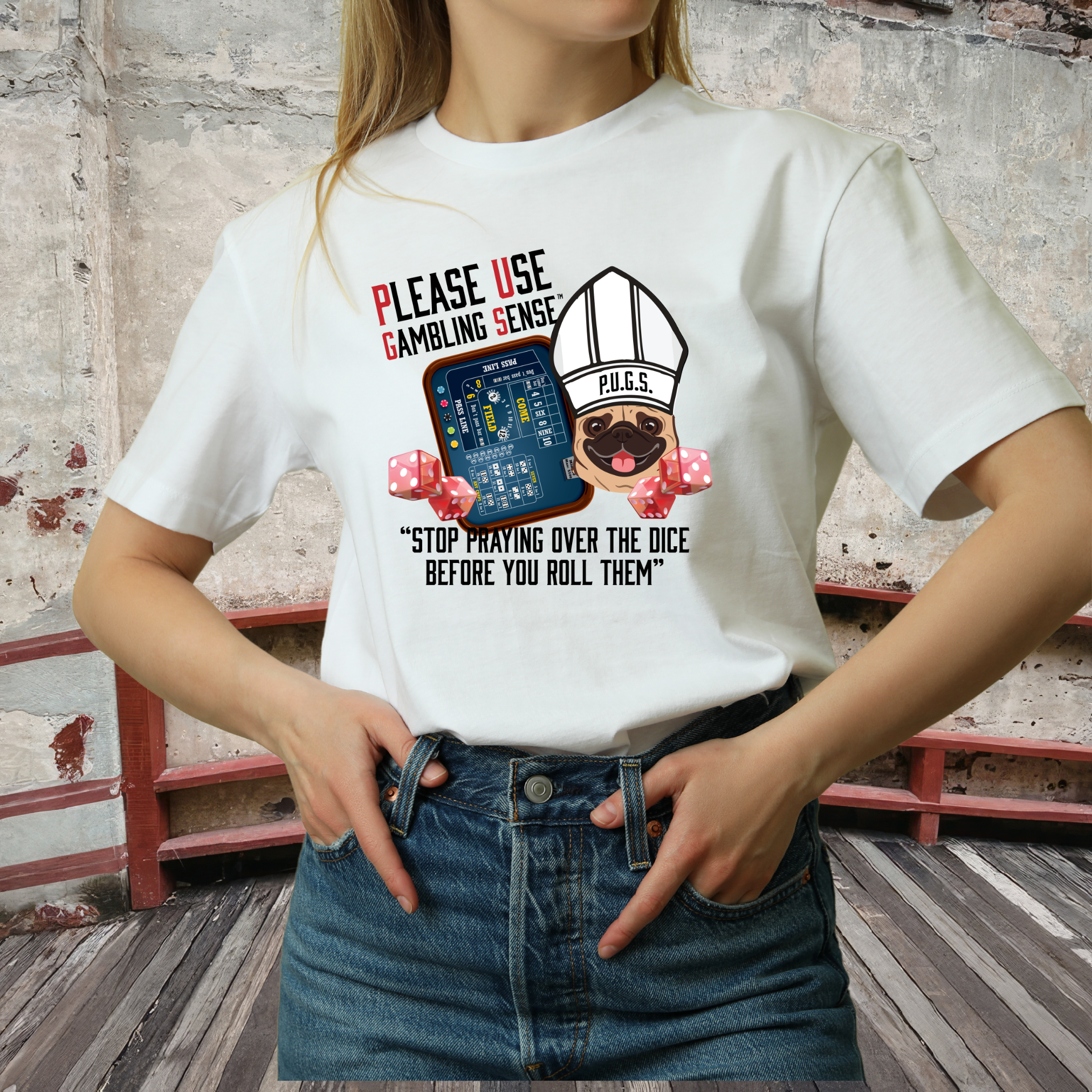 Funny graphic tee, Craps Praying Collection by P.U.G.S. Apparel