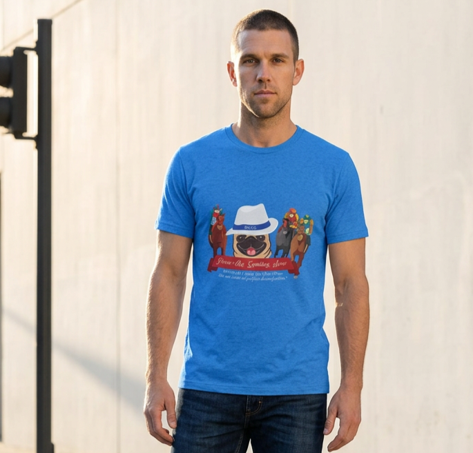 Horse Racing “Fedora” Unisex Graphic Tee by P.U.G.S. Apparel, Dark Colors